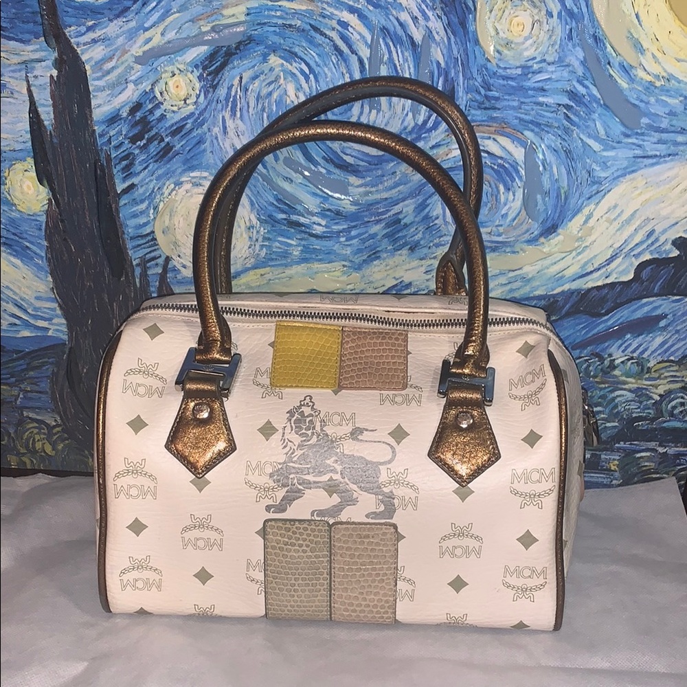 MCM White and Gold Satchel Bag